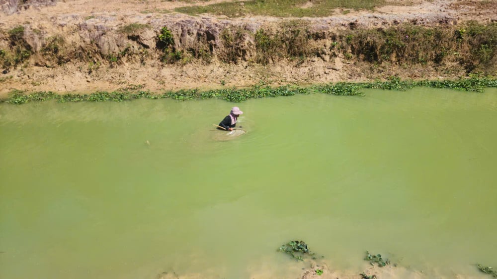 Người dân trầm mình dưới dòng nước đục bắt trùn huyết