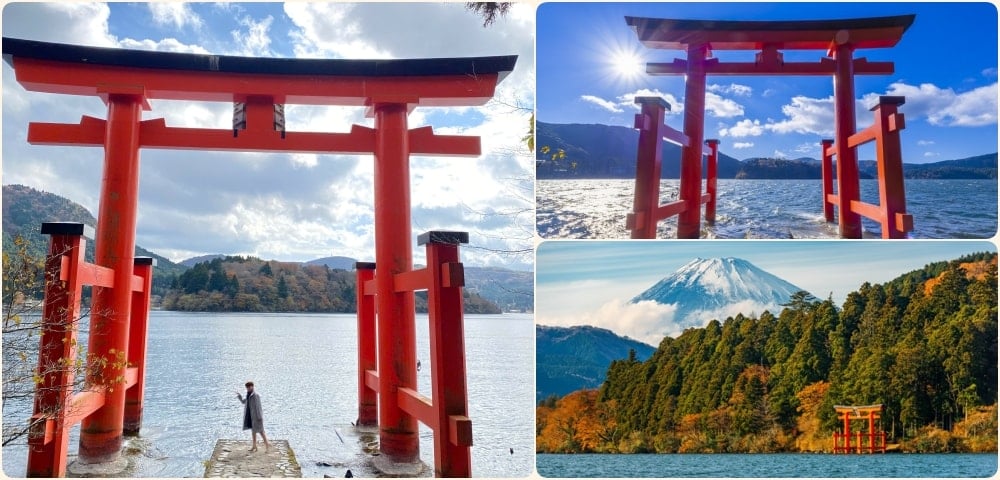 Den røde Torri-porten skiller seg ut mot den blå himmelen og tiltrekker seg mange turister.