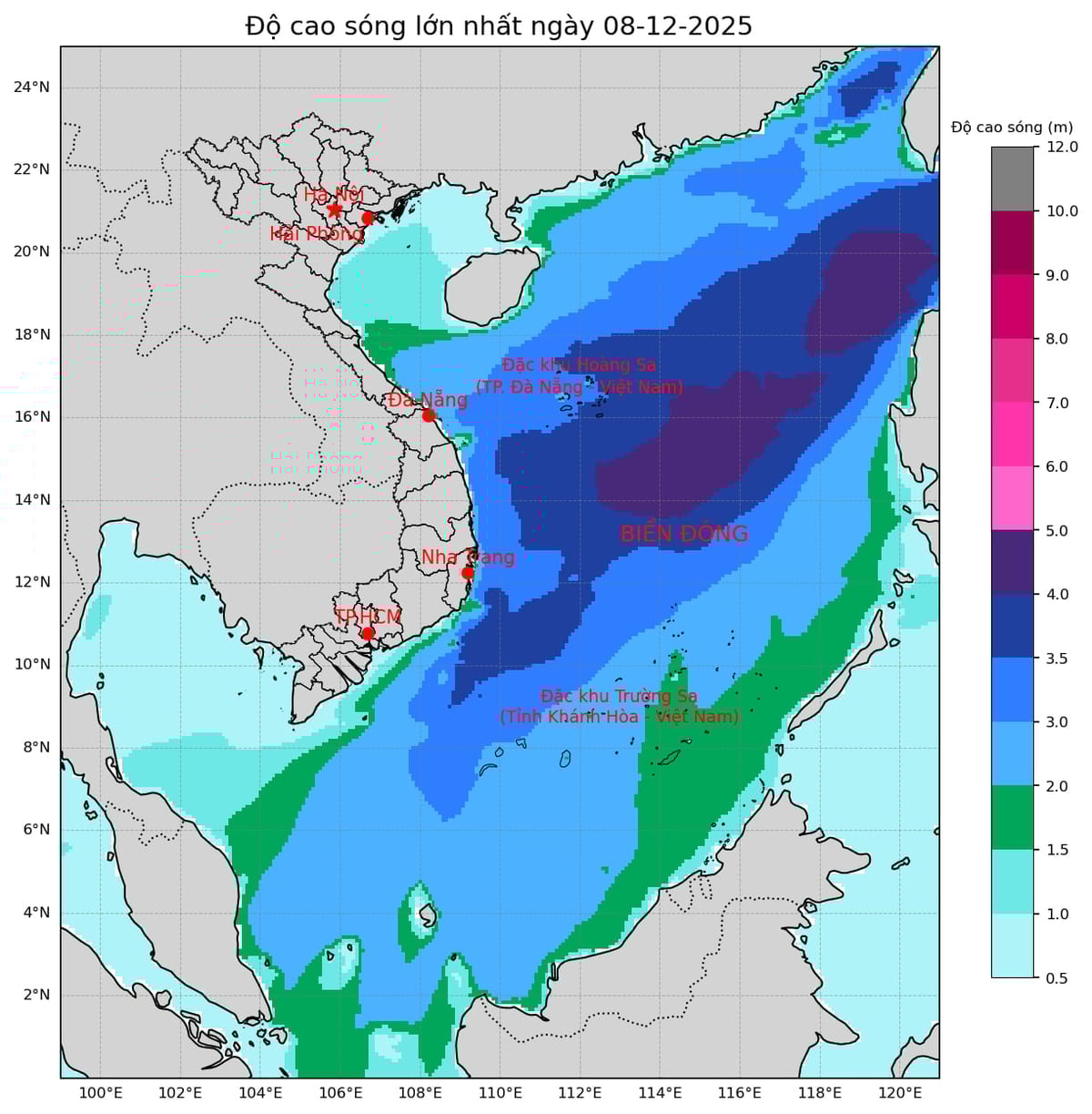 Se pronostica que la ola más alta se alcanzará el 8 de diciembre, con olas de entre 2 y 6 m de altura en las zonas costeras de las provincias centrales. Foto: NCHMF. Dự báo độ cao sóng lớn nhất trong ngày 8/12, khu vực ven biển các tỉnh miền Trung đều có sóng cao từ 2-6 m. Ảnh: NCHMF.
