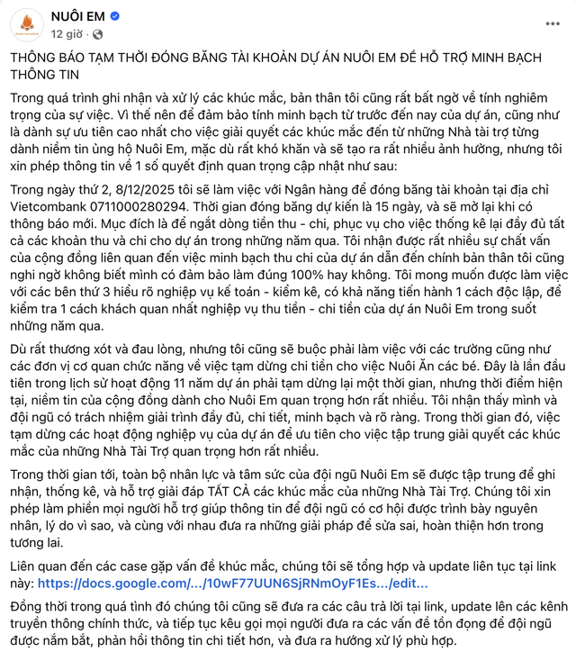 Đóng băng tài khoản dự án 'Nuôi Em' để phục vụ minh bạch - Ảnh 1.