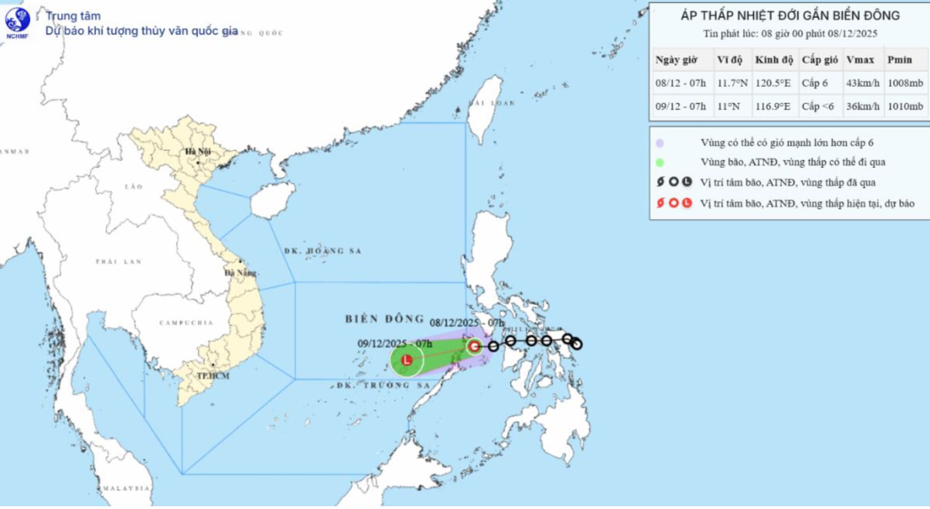 Karta över prognos för tropiskt lågtrycksnedslag och dess intensitet utfärdad kl. 08.00 den 8 december 2025.