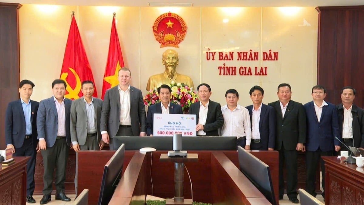 Lãnh đạo hai tập đoàn trao tặng 500 triệu đồng hỗ trợ người dân bị thiệt hại vì bão, lũ tại tỉnh Gai Lai. Ảnh: HN.