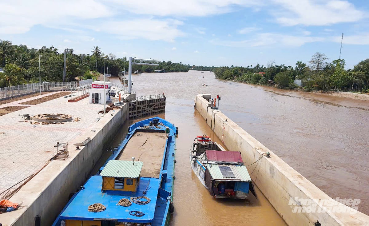 Drift av sluser og vanningskanaler i An Giang bidrar til å drenere vann i tide, og holder rismarker av høy kvalitet med lavt utslipp under det 1 million hektar store prosjektet trygge. Foto: Le Hoang Vu. Vận hành cống và kênh thủy lợi ở An Giang giúp thoát nước kịp thời, giữ an toàn cho các cánh đồng lúa chất lượng cao, phát thải thấp thuộc Đề án 1 triệu hecta. Ảnh: Lê Hoàng Vũ.