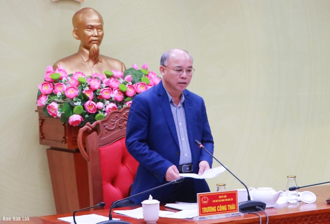 นายจวง กง ไท รองประธานคณะกรรมการประชาชนจังหวัด กล่าวในการประชุม