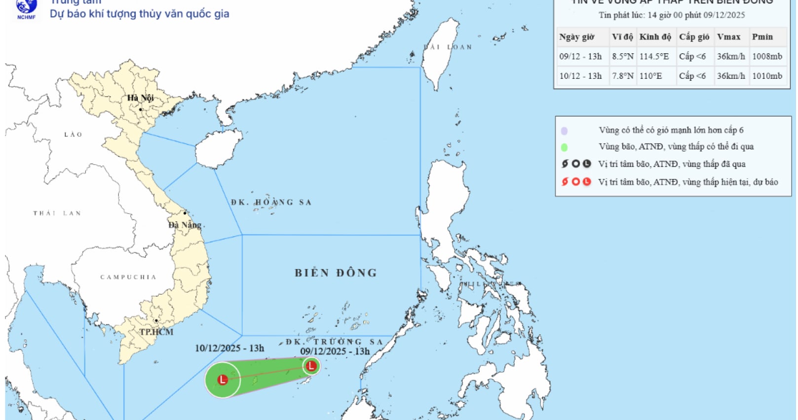 Peta prakiraan lintasan daerah tekanan rendah dikeluarkan pukul 2:10 siang tanggal 9 Desember 2025.
