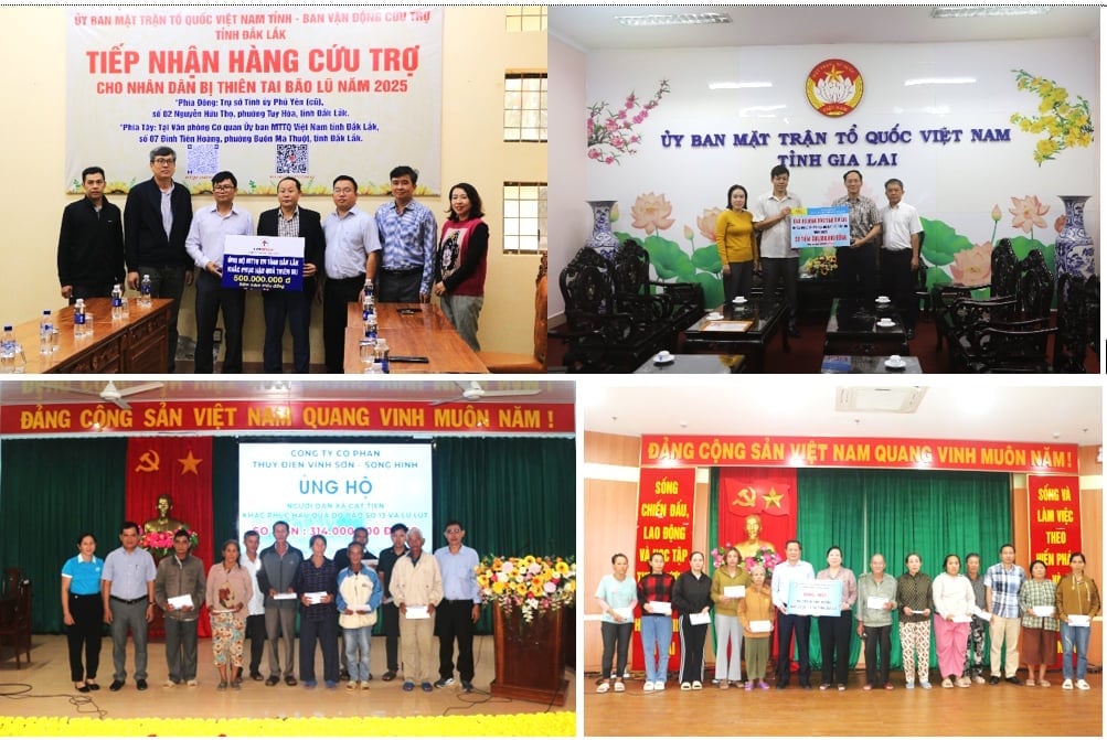 बून कुओप हाइड्रोपावर कंपनी, से सान 3ए पावर इन्वेस्टमेंट एंड डेवलपमेंट ज्वाइंट स्टॉक कंपनी, विन्ह सोन-सोंग हिन्ह हाइड्रोपावर ज्वाइंट स्टॉक कंपनी के प्रतिनिधियों ने जिया लाई और डाक लाक प्रांतों में तूफान और बाढ़ से प्रभावित इलाकों को वित्तीय सहायता प्रदान की। फोटो: EVNGENCO3 Đại diện Công ty Thủy điện Buôn Kuốp, Công ty CP Đầu tư và Phát triển điện Sê San 3A, Công ty CP Thủy điện Vĩnh Sơn - Sông Hinh trao tặng tiền hỗ trợ cho các địa phương ảnh hưởng bởi bão lũ tại tỉnh Gia Lai, Đắk Lắk. Ảnh: EVNGENCO3.