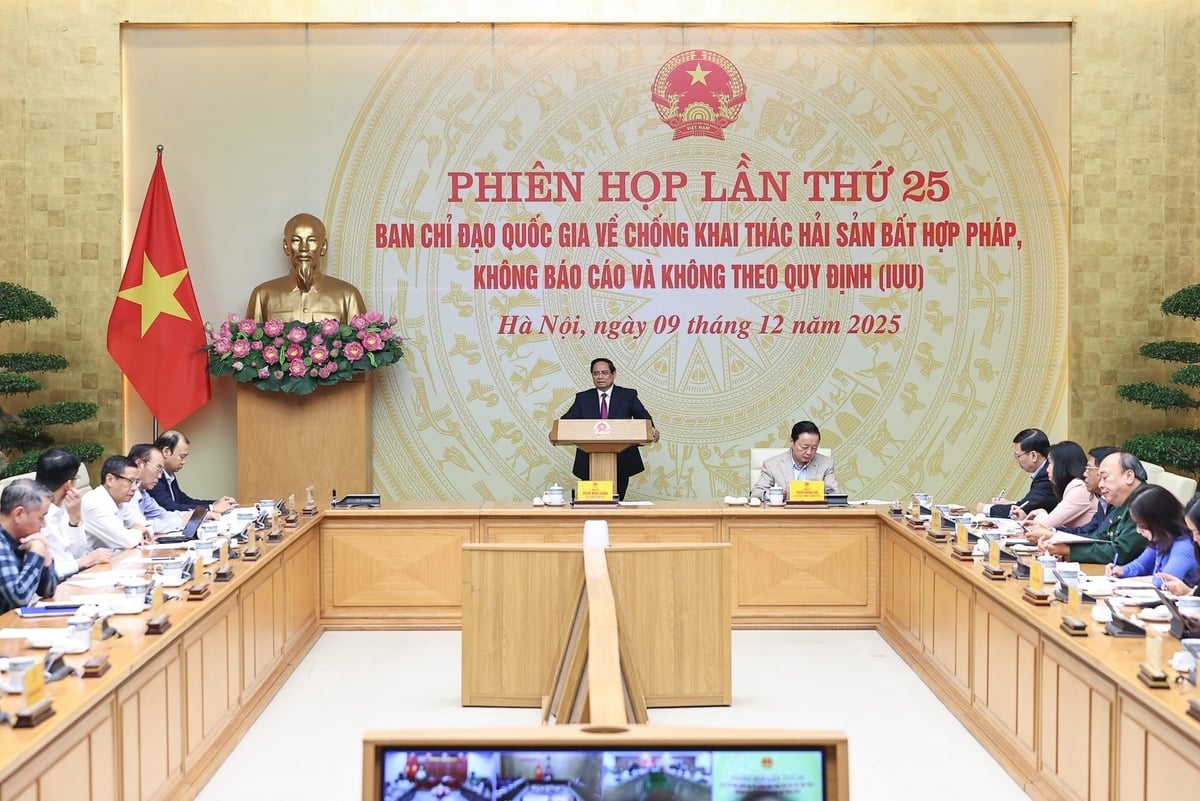 Perdana Menteri memimpin sidang ke-25 Komite Pengarah Nasional tentang pemberantasan penangkapan ikan ilegal, tidak dilaporkan, dan tidak diatur (IUU). Foto: VGP. Thủ tướng chủ trì Phiên họp lần thứ 25 của Ban Chỉ đạo Quốc gia về chống khai thác hải sản bất hợp pháp, không báo cáo và không theo quy định (IUU). Ảnh: VGP.