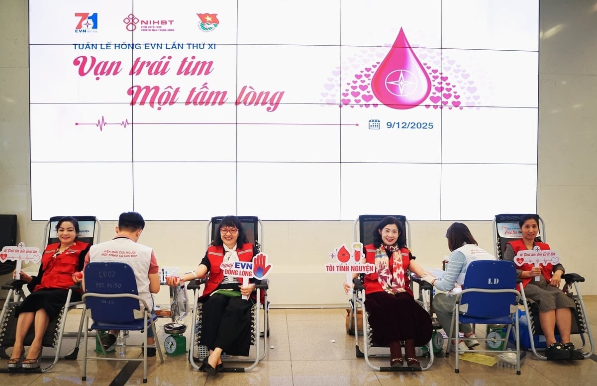 Funcionários da EVN participam de doação de sangue. Foto: EVN. Cán bộ công nhân viên cơ quan EVN tham gia hiến máu. Ảnh: EVN.