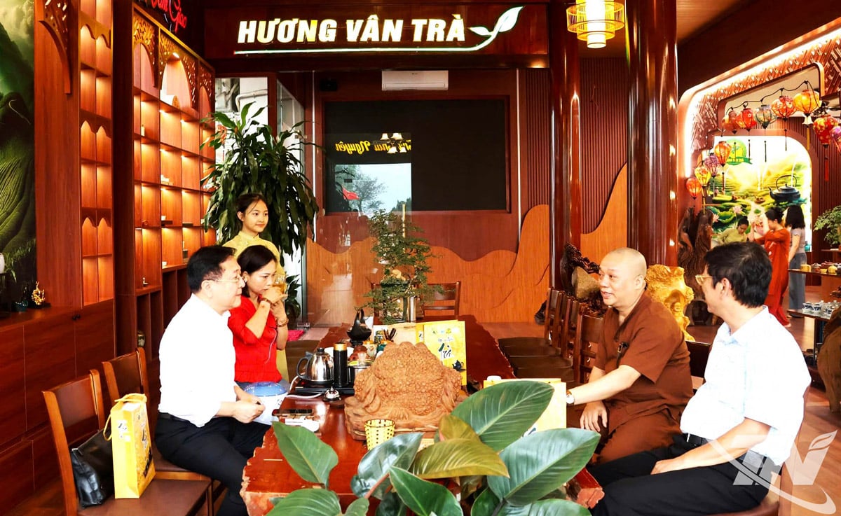 수세기 동안 수많은 노동자들의 끊임없는 노력 덕분에 차나무는 번성하여 이제 타이응우옌성 전역에 퍼져 있으며, 이 차 생산 지역의 아름다운 문화적 특징으로 자리 잡았습니다. (사진: 타이응우옌 차를 즐기는 관광객들)