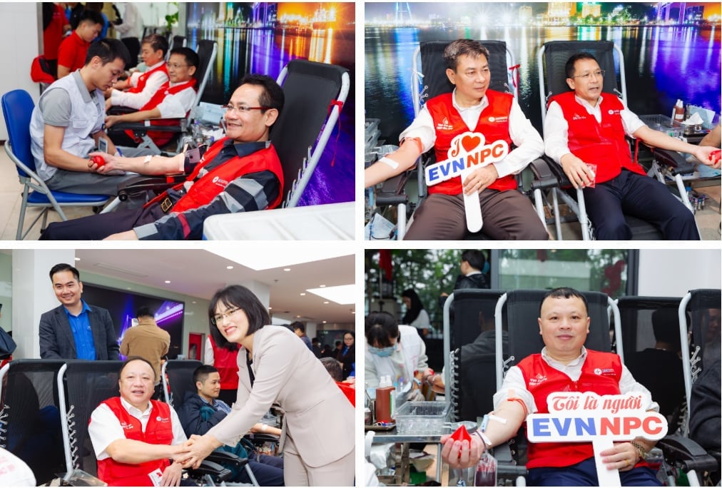 EVNNPCs styre deltok i bloddonasjon under EVN Red Week-programmet. Foto: EVNNPC. Ban lãnh đạo EVNNPC tham gia hiến máu tại Chương trình hưởng ứng Tuần lễ hồng EVN. Ảnh: EVNNPC.