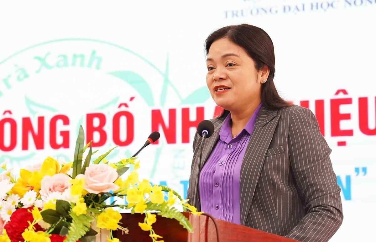 A Sra. Nguyen Thi Loan, vice-presidente do Comitê Popular da Província de Thai Nguyen, discursou na conferência de anúncio da marca registrada. Foto: Quang Linh Bà Nguyễn Thị Loan, Phó Chủ tịch UBND tỉnh Thái Nguyên phát biểu tại hội nghị công bố nhãn hiệu. Ảnh: Quang Linh