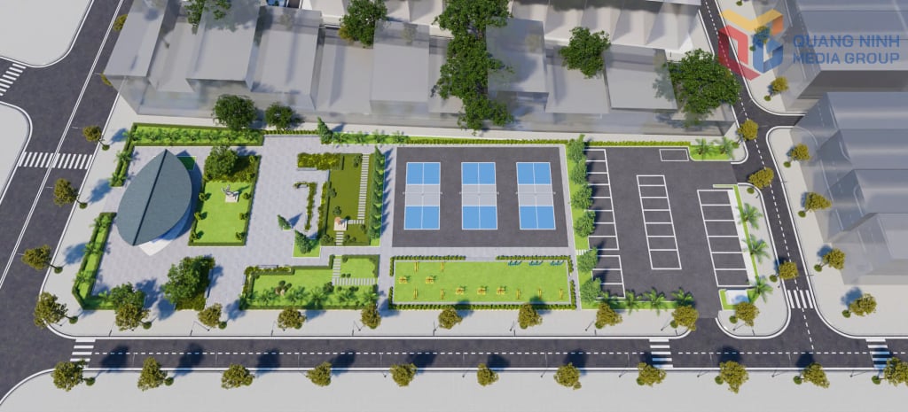 Perspektivvisning av prosjektet for offentlige arbeider, lekeplass og aktivitetsområde for lokalsamfunnet sørvest for 12/11-plassen.