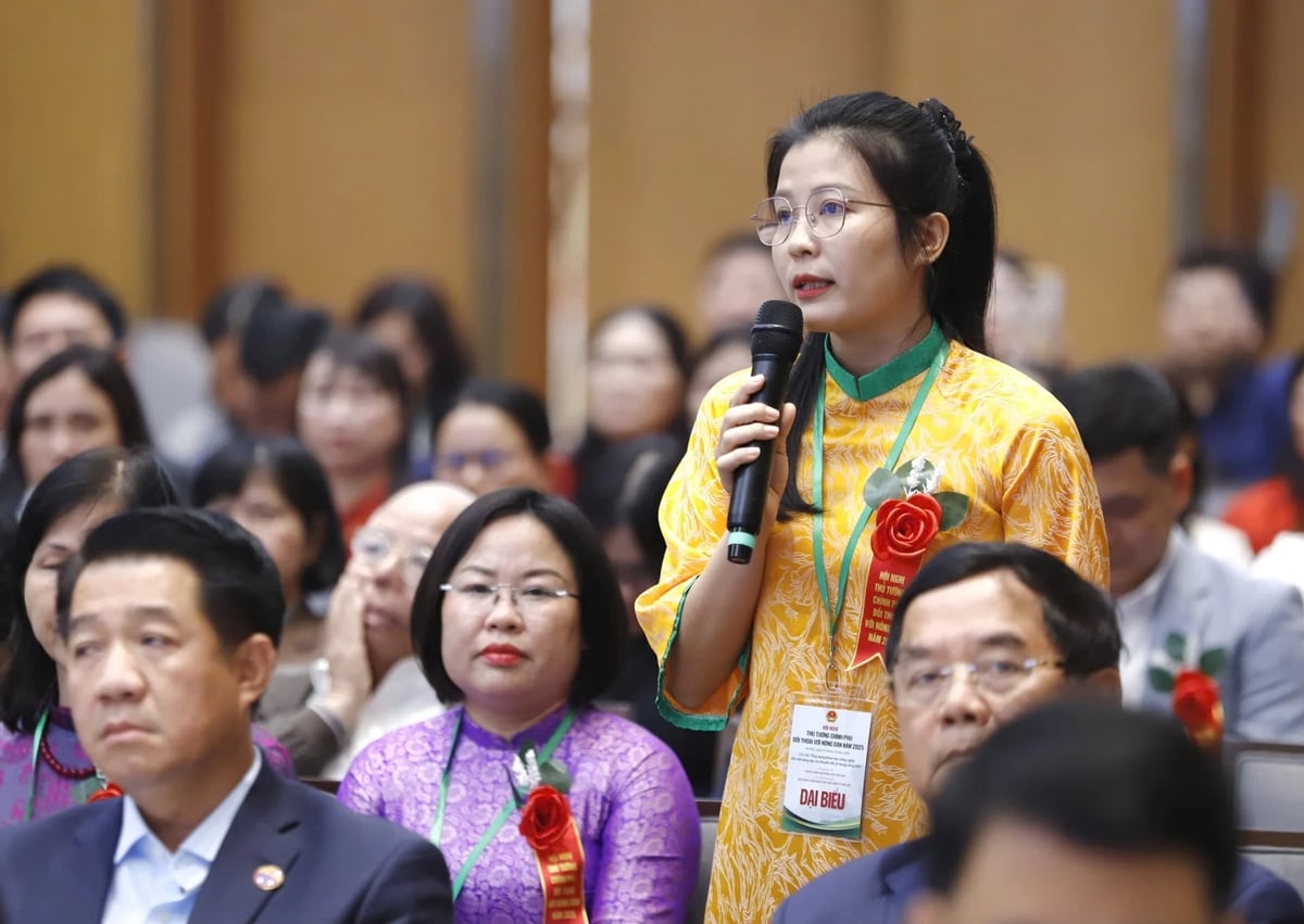 Nông dân xuất sắc Nguyễn Thị Trâm (tỉnh Bắc Ninh) đặt câu hỏi tại Hội nghị. Ảnh: Lê Hiếu.