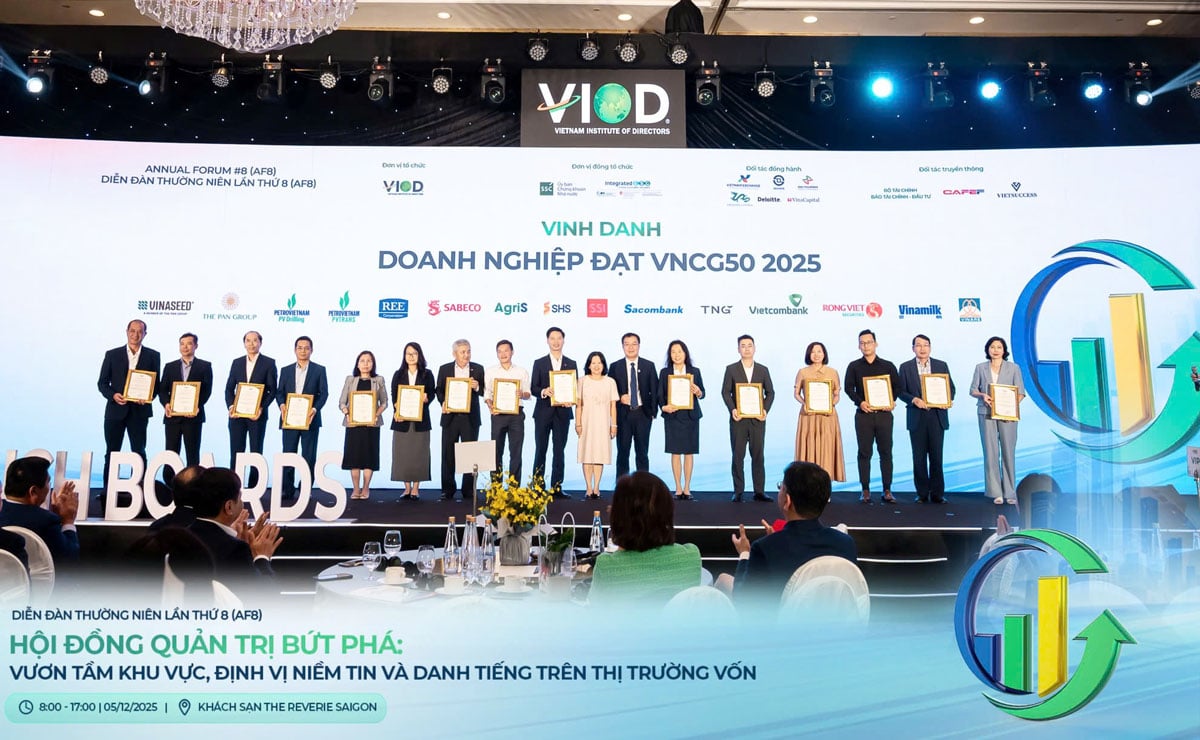 លោក Dao Duc Thanh សមាជិកក្រុមប្រឹក្សាភិបាល និងជាប្រធានគណៈកម្មាធិការសវនកម្ម (ទីប្រាំពីស្តាំ) តំណាងឱ្យ TNG ទទួលបានពានរង្វាន់ VNCG50 ក្នុងឆ្នាំ 2025។