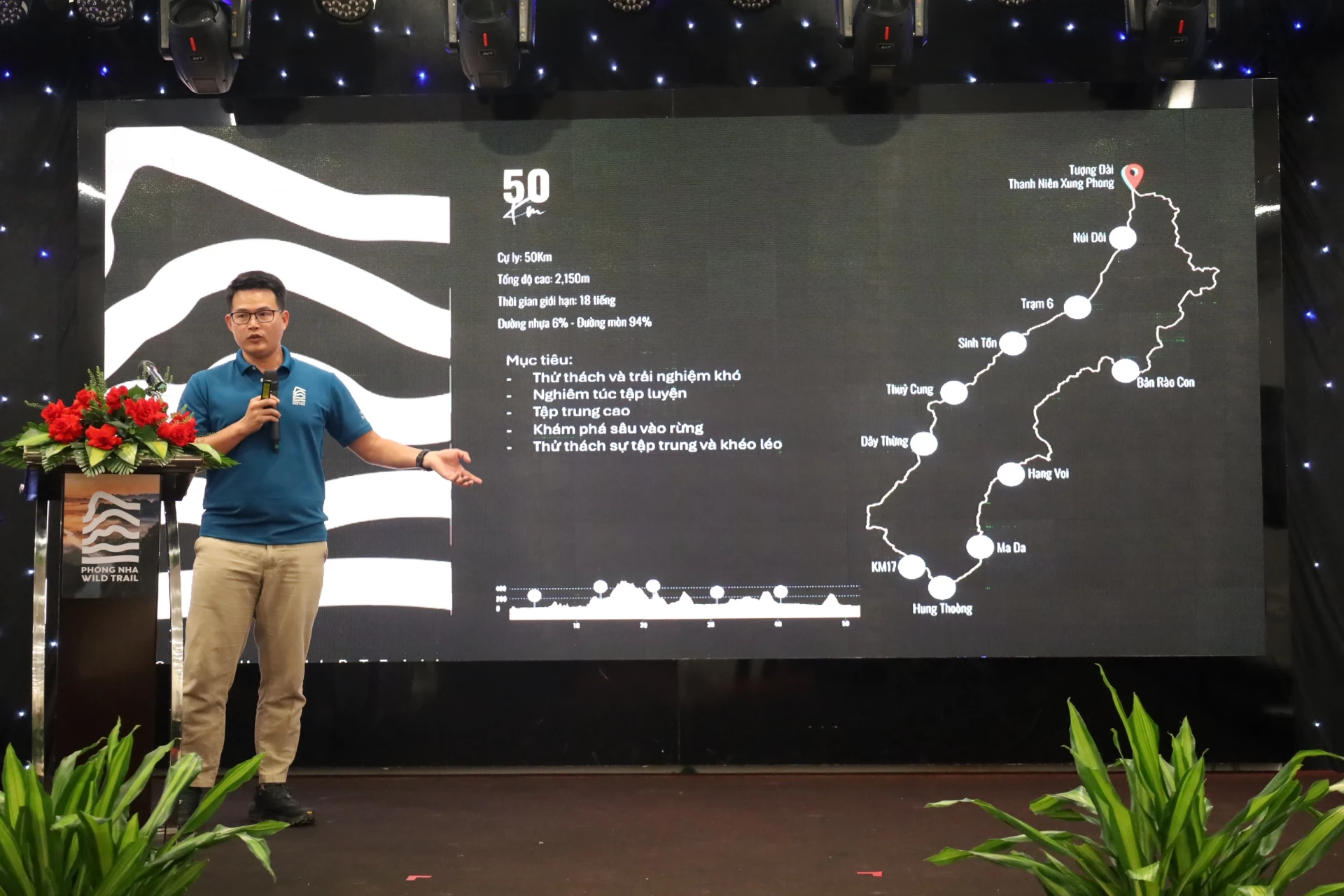 Zástupci společnosti Phong Nha Wild Joint Stock Company představili trať závodu, která zahrnuje pět vzdáleností: 5 km, 10 km, 20 km, 50 km a 70 km. Foto: Q.N