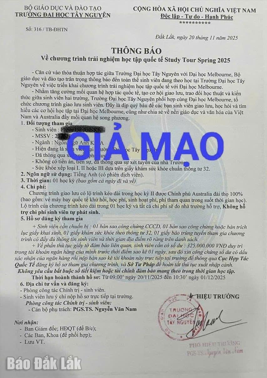 Tay Nguyen یونیورسٹی کے طلباء کو جعلی معلومات بھیجی گئیں۔