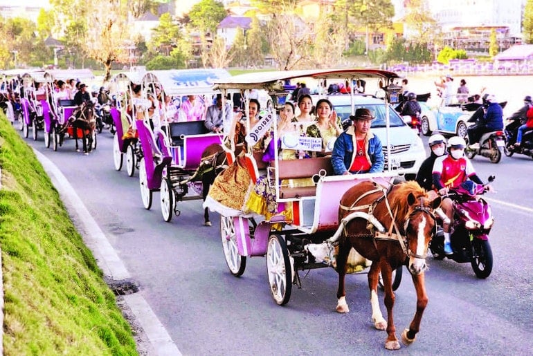 En flotta hästdragna vagnar, ett kännetecken för Da Lat, deltog i marknadsföringen av den internationella tefestivalen 2025 i Lam Dong. tn-12-12-19h25-5518.jpg