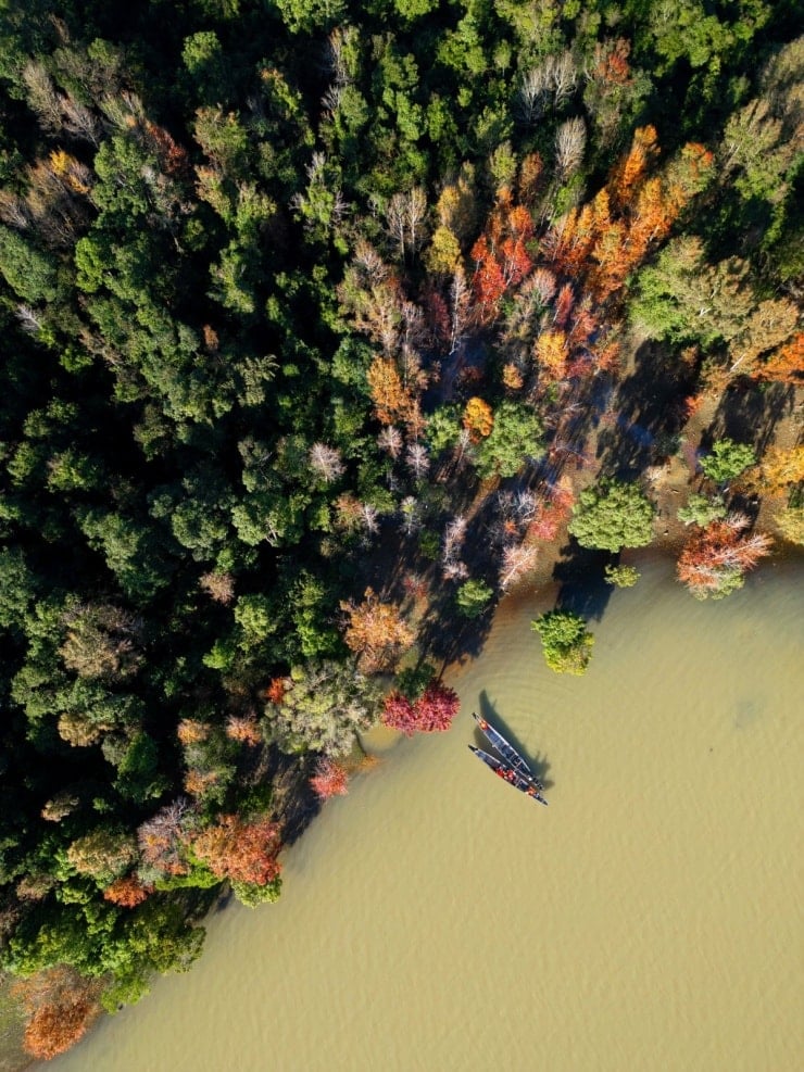 Turister tar båtturer på Rào Quán-sjön för att beundra landskapet och ta foton.