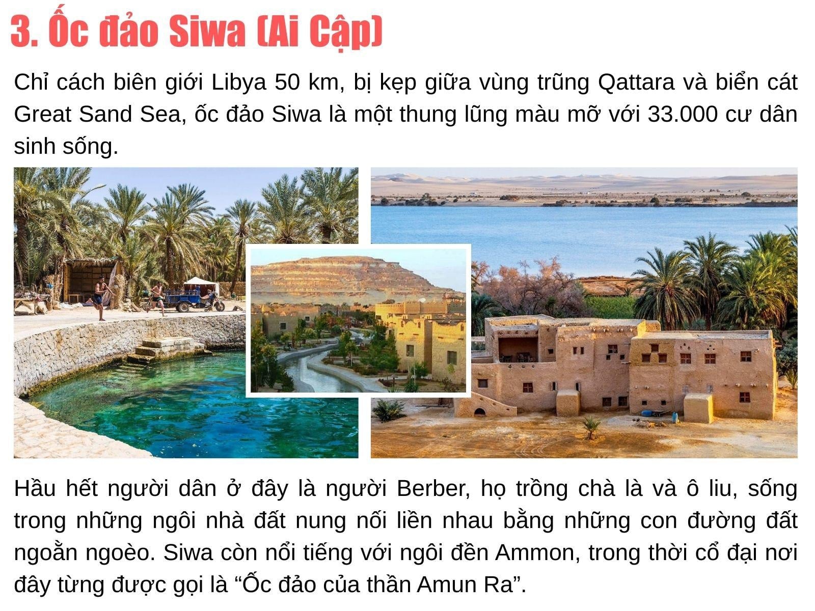 Hồ nước lớn màu xanh ngọc tại ốc đảo Siwa, bao quanh là những rặng cọ và các công trình kiến trúc bằng đất.