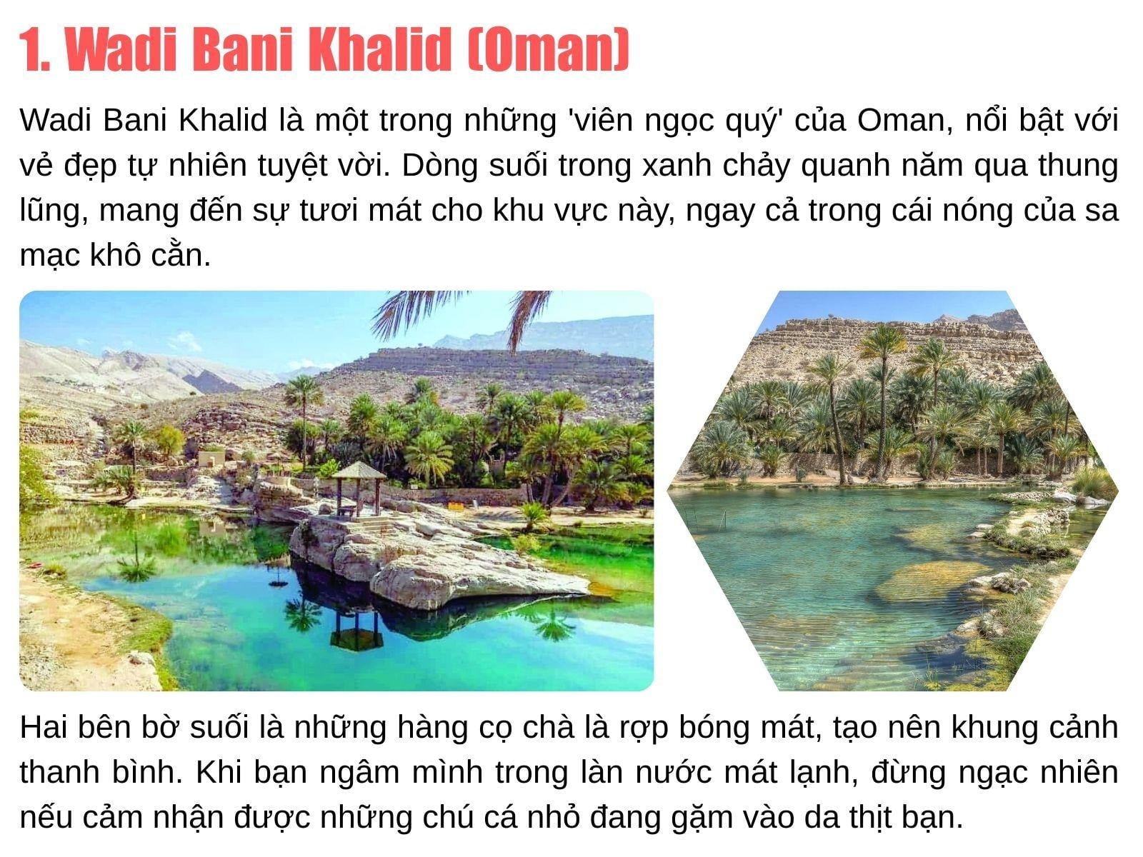 O lago azul-turquesa do oásis de Wadi Bani Khalid, em Omã, é cercado por penhascos e palmeiras.