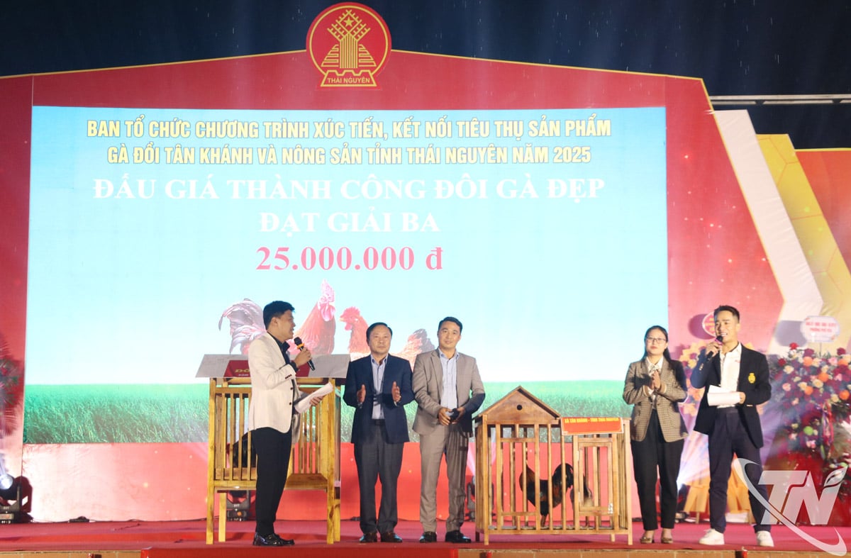 Organisationskommittén auktionerar ut de vinnande kycklingparen för att stödja Fonden för de fattiga.