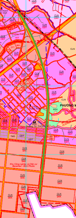Mapa plánované trasy úseku rychlostní silnice Thu Dau Mot – Chon Thanh – Hoa Lu procházející městskou částí Chon Thanh.
