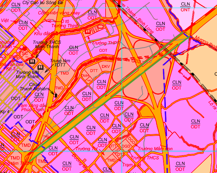 Mapa znázorňující plánovanou trasu úseku rychlostní silnice Dak Nong – Chon Thanh procházející městskou částí Chon Thanh.