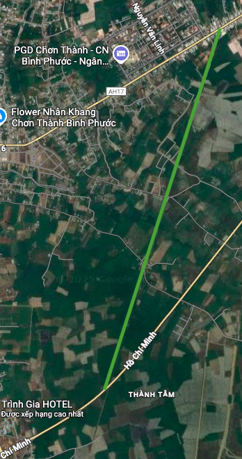 Satelitní mapa trasy spojující AH17 a Hočiminovu dálnici.