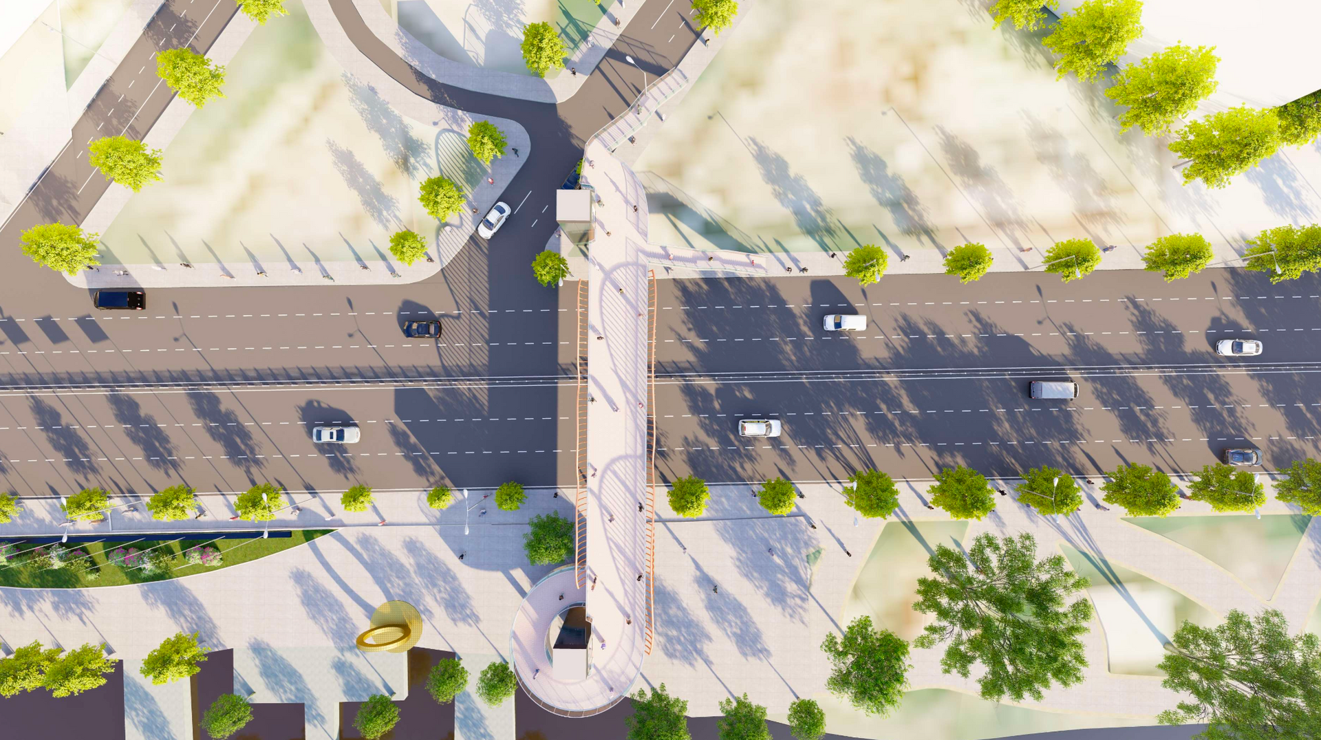 نمای پرسپکتیو از پل عابر پیادهای که خیابان نگوین هو را به پارک باخ دانگ وارف متصل میکند.