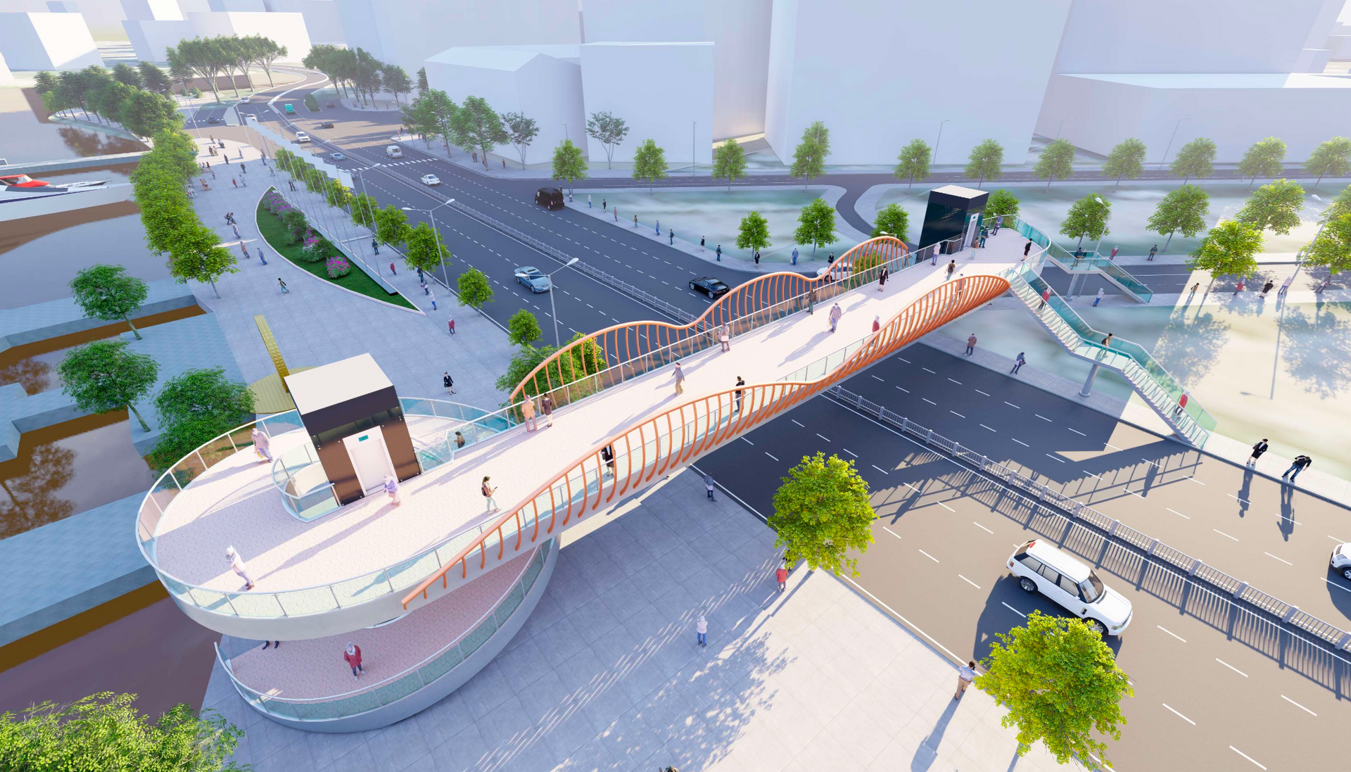 طراحی قوس فولادی موجدار، ویژگی چشمگیری را برای پل عابر پیاده در منطقه خیابان نگوین هوئه ایجاد میکند.