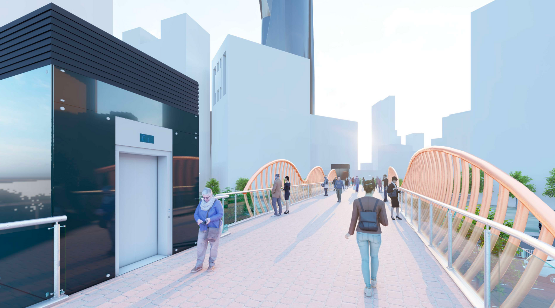 نمای پرسپکتیو از پل عابر پیاده با طرح طاق مشبک سبز در تقاطع تای ون لونگ.