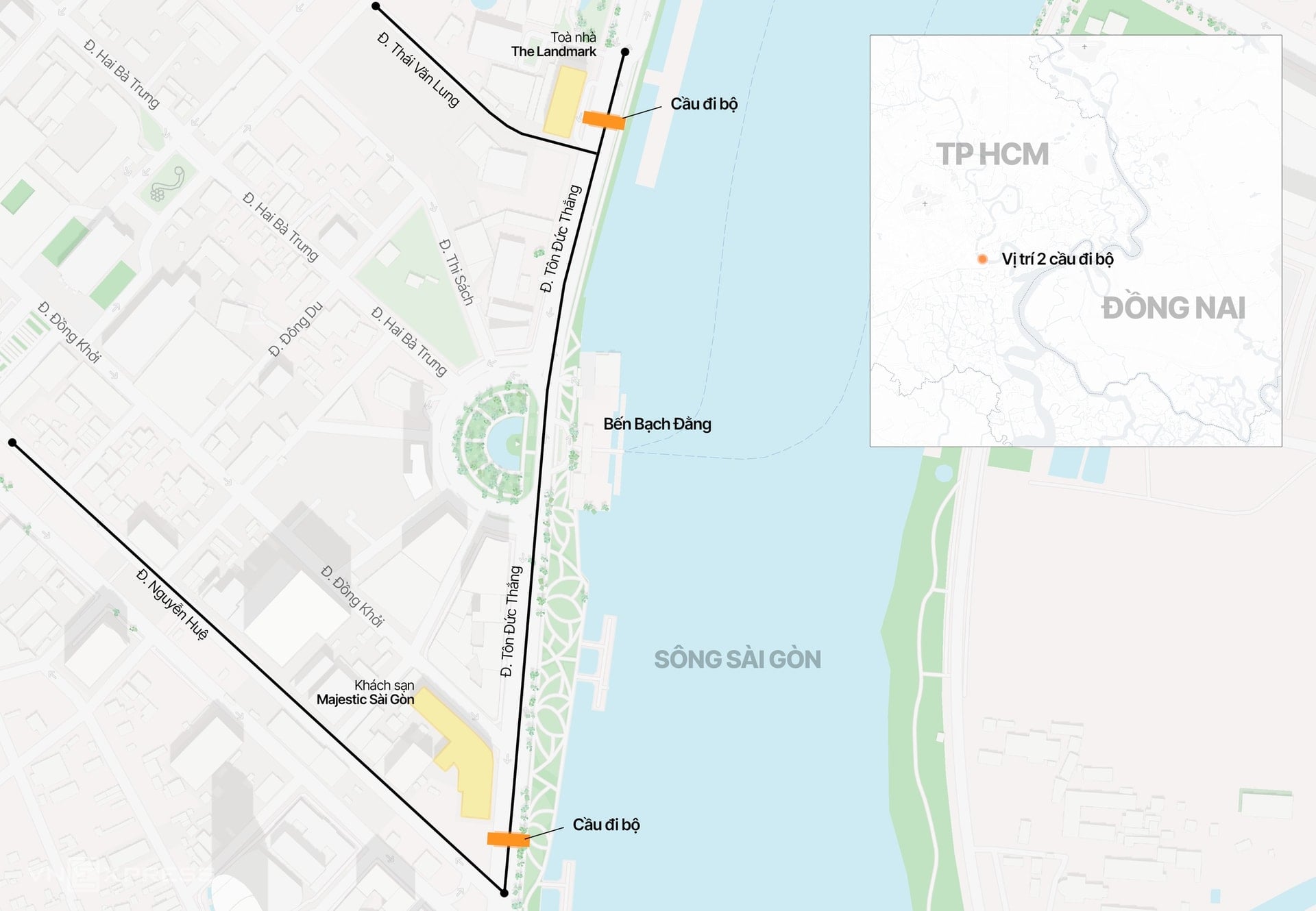 نقشه موقعیت دو پل عابر پیاده جدید و منطقه پارک باخ دانگ وارف.