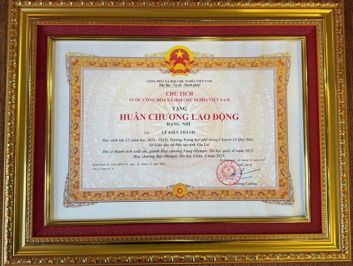 베트남 대통령이 학생 레 키엔 탄에게 2급 노동 훈장을 수여했다. 사진: CV.