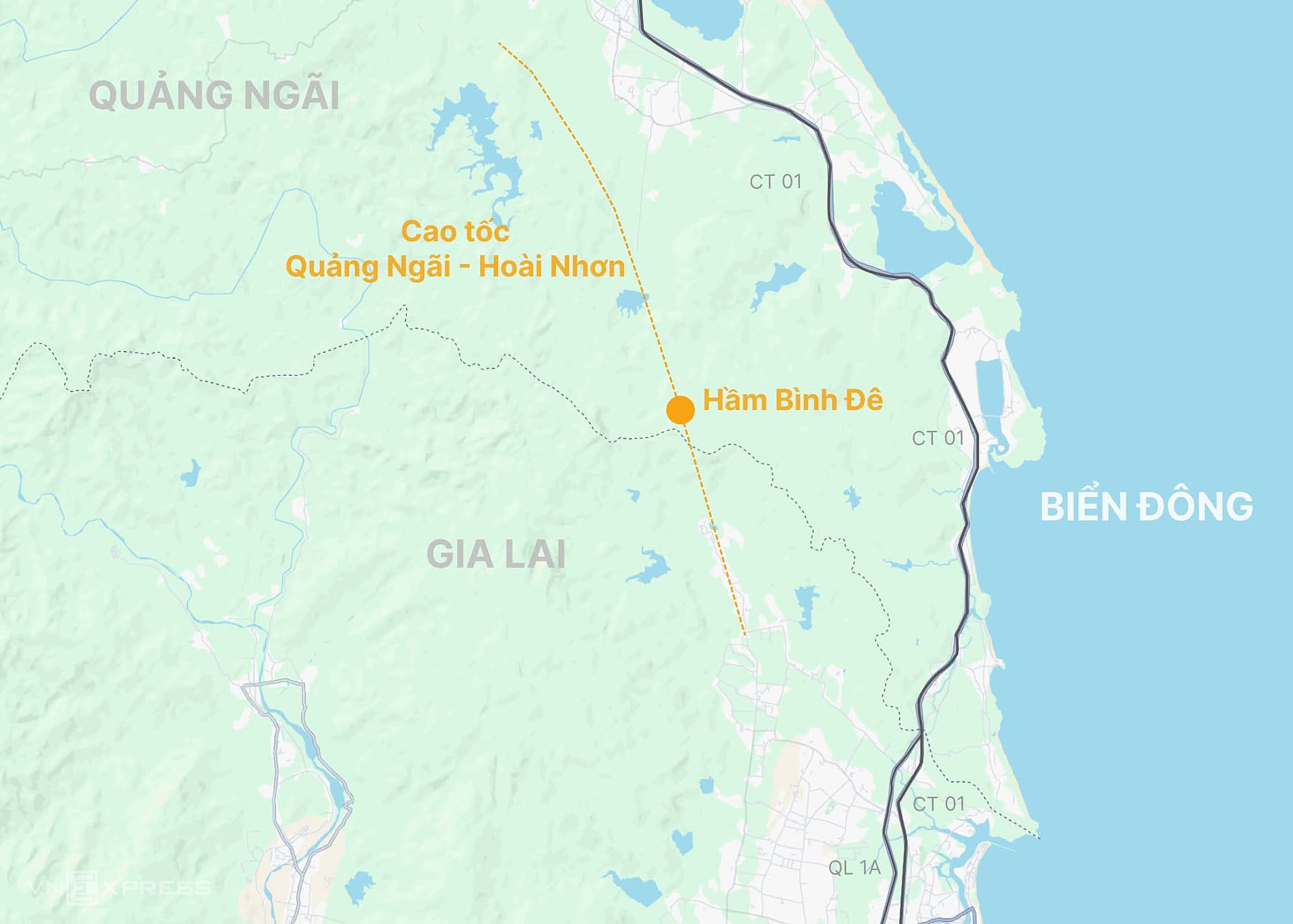 A panoramic view of the Quang Ngai - Hoai Nhon expressway route, including the Binh De tunnel.