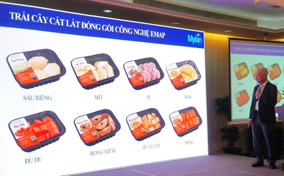 دکتر نگوین تان اطلاعات من در مورد بستهبندی میوههای ورقهشده با استفاده از فناوری EMAP را به اشتراک گذاشت. عکس: سون ترانگ.