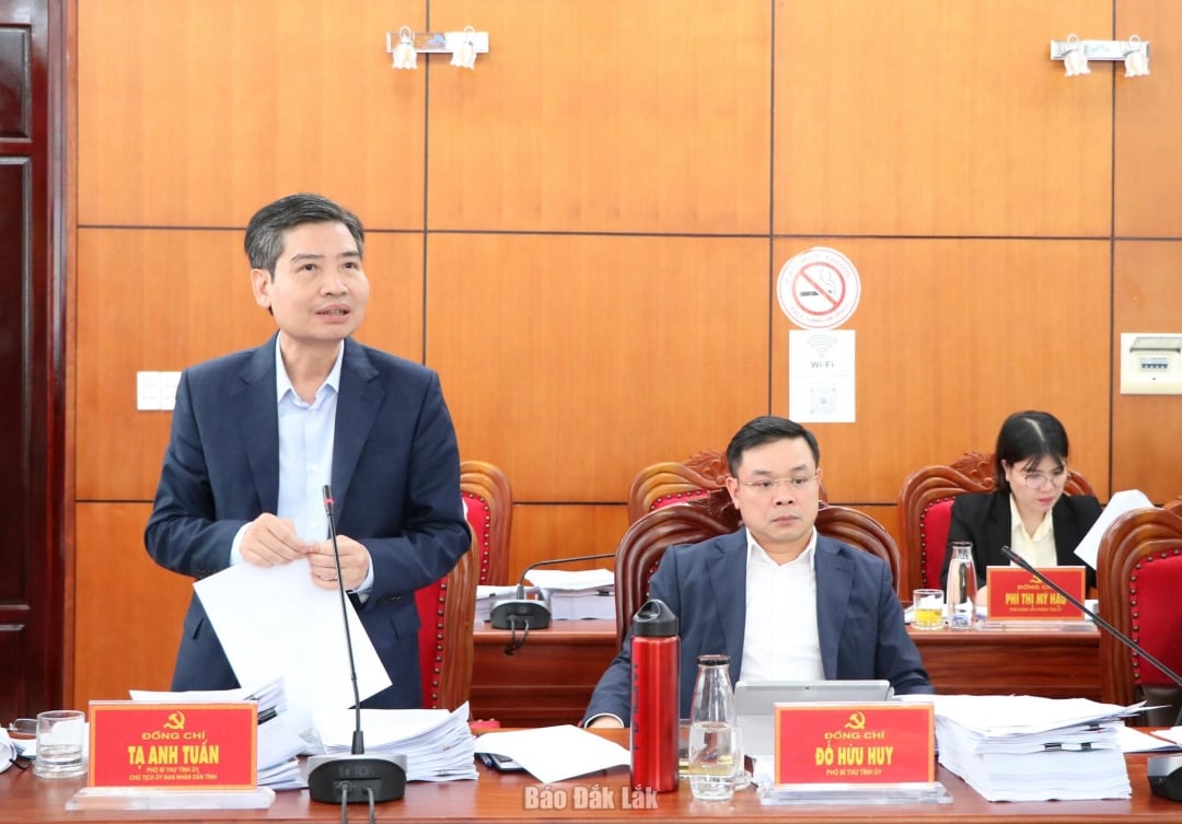 លោក Ta Anh Tuan អនុលេខាគណៈកម្មាធិការបក្សខេត្ត និងជាប្រធានគណៈកម្មាធិការប្រជាជនខេត្ត បានថ្លែងសុន្ទរកថានៅក្នុងសន្និសីទ។