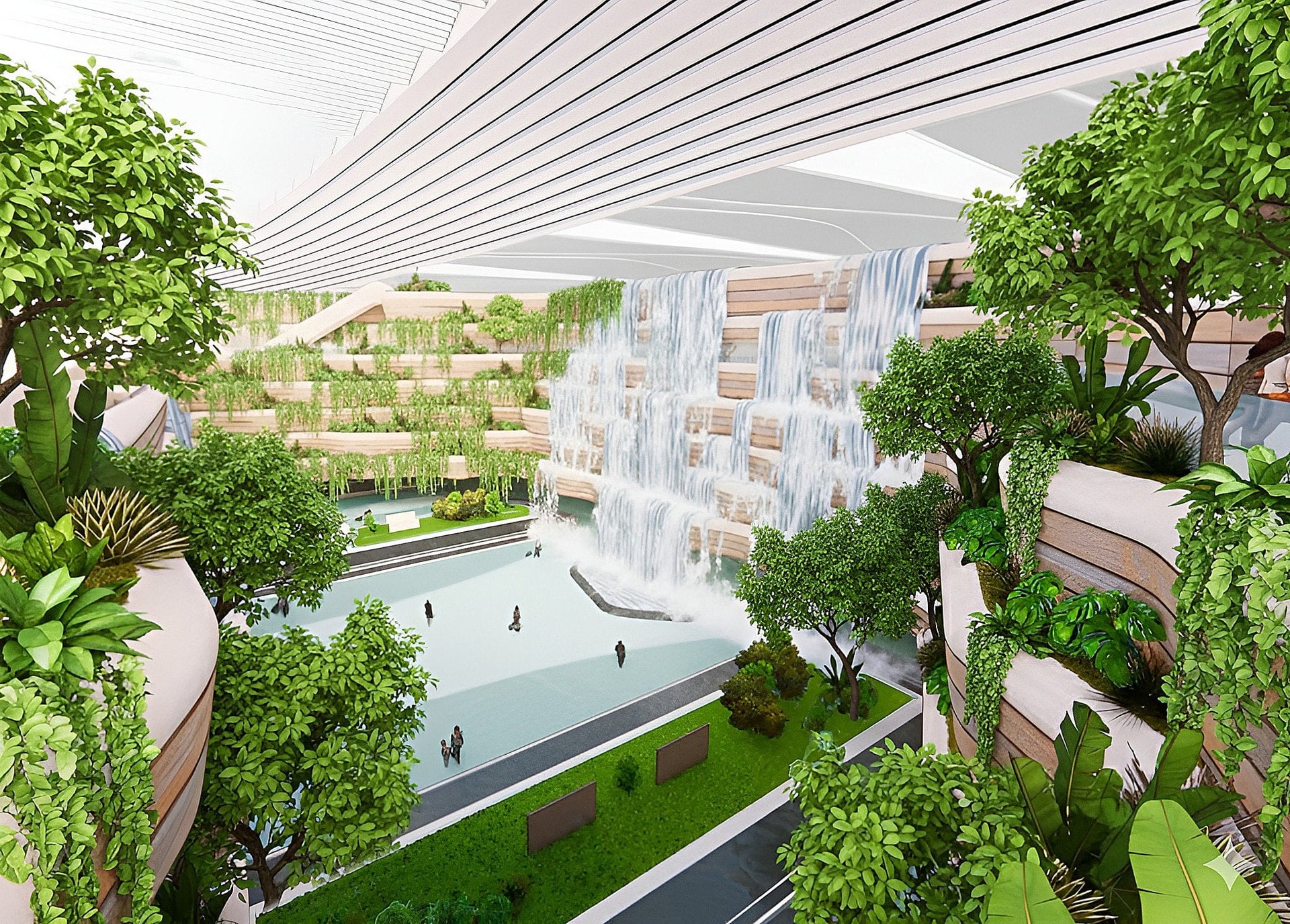 ຮູບແບບການກໍ່ສ້າງອາຄານຜູ້ໂດຍສານ T2 ຂອງສະໜາມບິນຟູ້ກວກ, ອອກແບບເປັນຮູບຊົງຂອງນົກຟີນິກ.