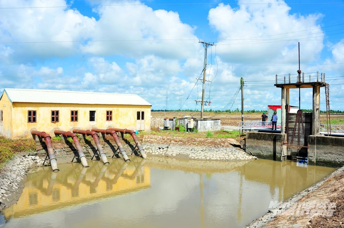 Su temini ve sel sularının zamanında tahliyesi için drenaj sistemi ve pompa istasyonları proaktif bir şekilde işletilmektedir. Fotoğraf: Le Hoang Vu. Hệ thống cống điều tiết, trạm bơm được vận hành chủ động nhằm đảm bảo nguồn nước, tiêu úng kịp thời. Ảnh: Lê Hoàng Vũ.
