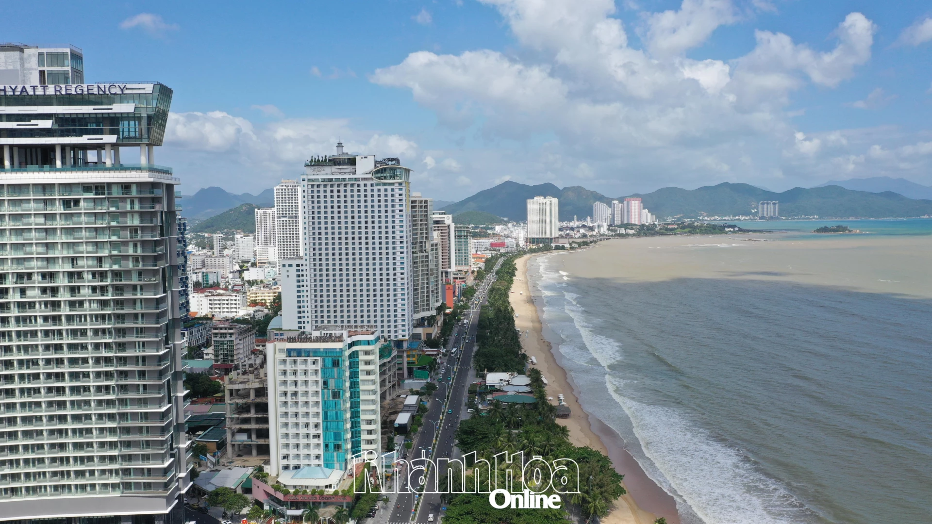 An aerial view of a section of the park and beach area in Nha Trang.