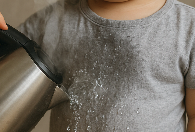 Kéo dây điện ấm siêu tốc, bé trai bị nước sôi đổ bỏng nặng - Ảnh 1.