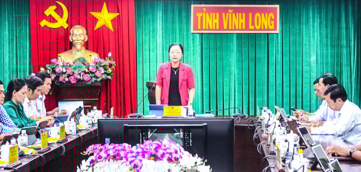 លោកស្រី ង្វៀន ធី ក្វៀន ថាញ់ អនុប្រធានគណៈកម្មាធិការប្រជាជនខេត្ត បានអញ្ជើញជាអធិបតី និងថ្លែងសុន្ទរកថានៅក្នុងកិច្ចប្រជុំ។