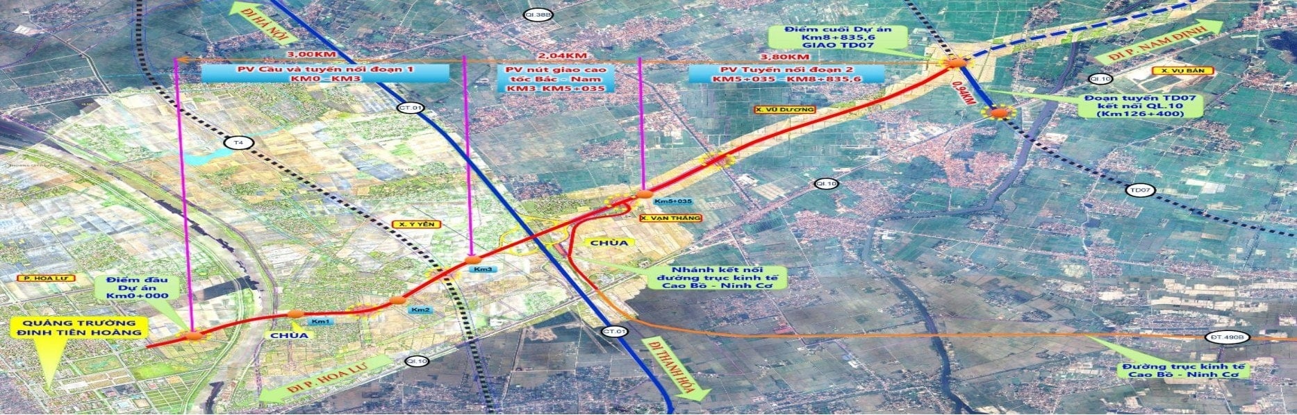 Mapa trasy silnice TD07 v Ninh Binh zobrazuje důležité křižovatky a oblasti, kterými silnice prochází.