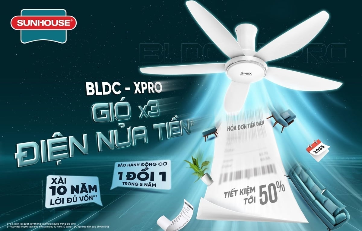 Quạt trần SUNHOUSE APEX có khả năng tiết kiệm đến 50% điện năng, tăng gấp 3 lưu lượng gió so với quạt cây thông thường sử dụng trong gia đình. Ảnh: Sunhouse.