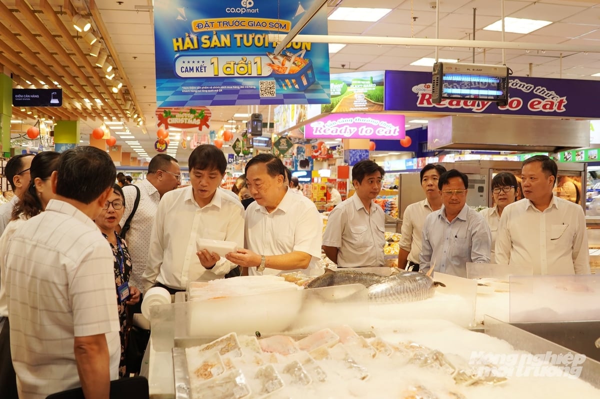  Đoàn công tác kiểm tra các mặt hàng thủy sản cung ứng tại Co.op Mart Lý Thường Kiệt. Ảnh: Nguyễn Thủy.