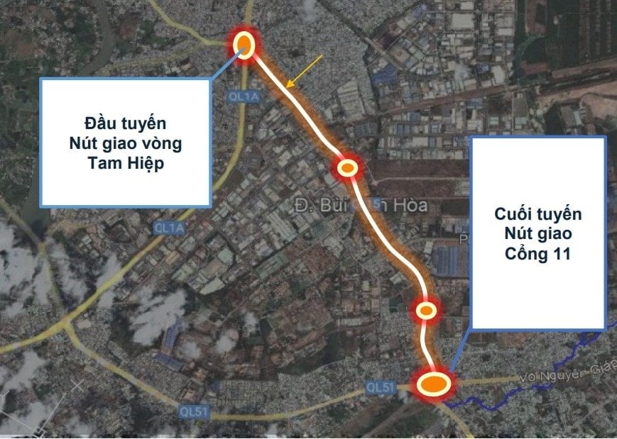 Bản đồ hướng tuyến dự án nâng cấp, mở rộng đường Bùi Văn Hòa tại Đồng Nai.