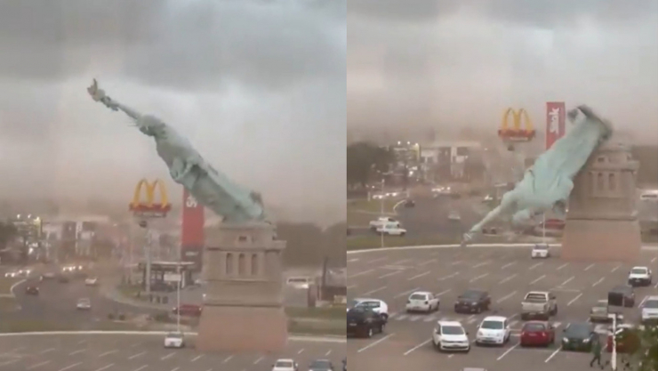 A replica of the Statue of Liberty, approximately 24 meters tall, collapsed during a fierce storm that swept through southern Brazil.