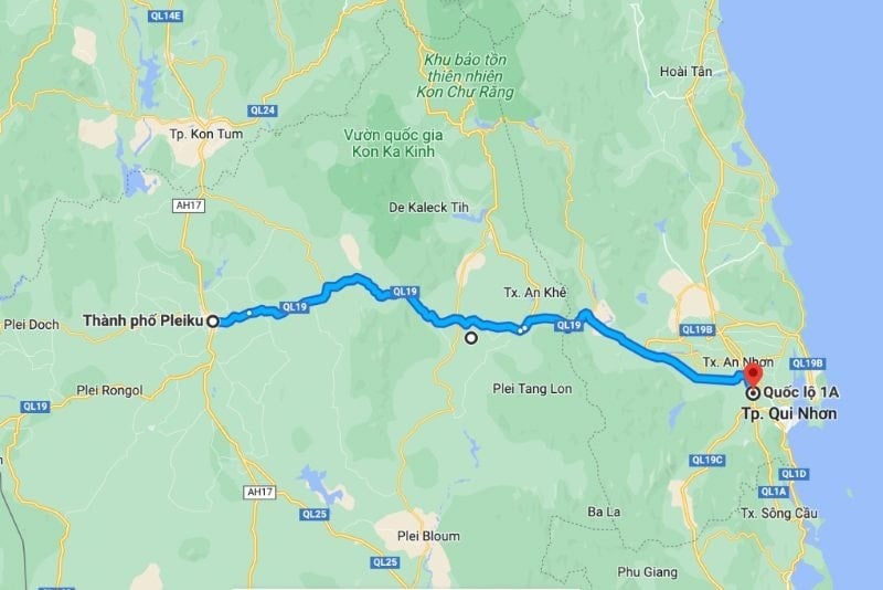 Navrhovaná upravená mapa trasy pro projekt rychlostní silnice Quy Nhon - Pleiku.