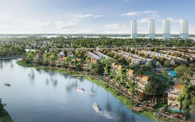 Перспективний вид частини житлового масиву Ізумі-Канарія з таунхаусами та віллами вздовж набережної.