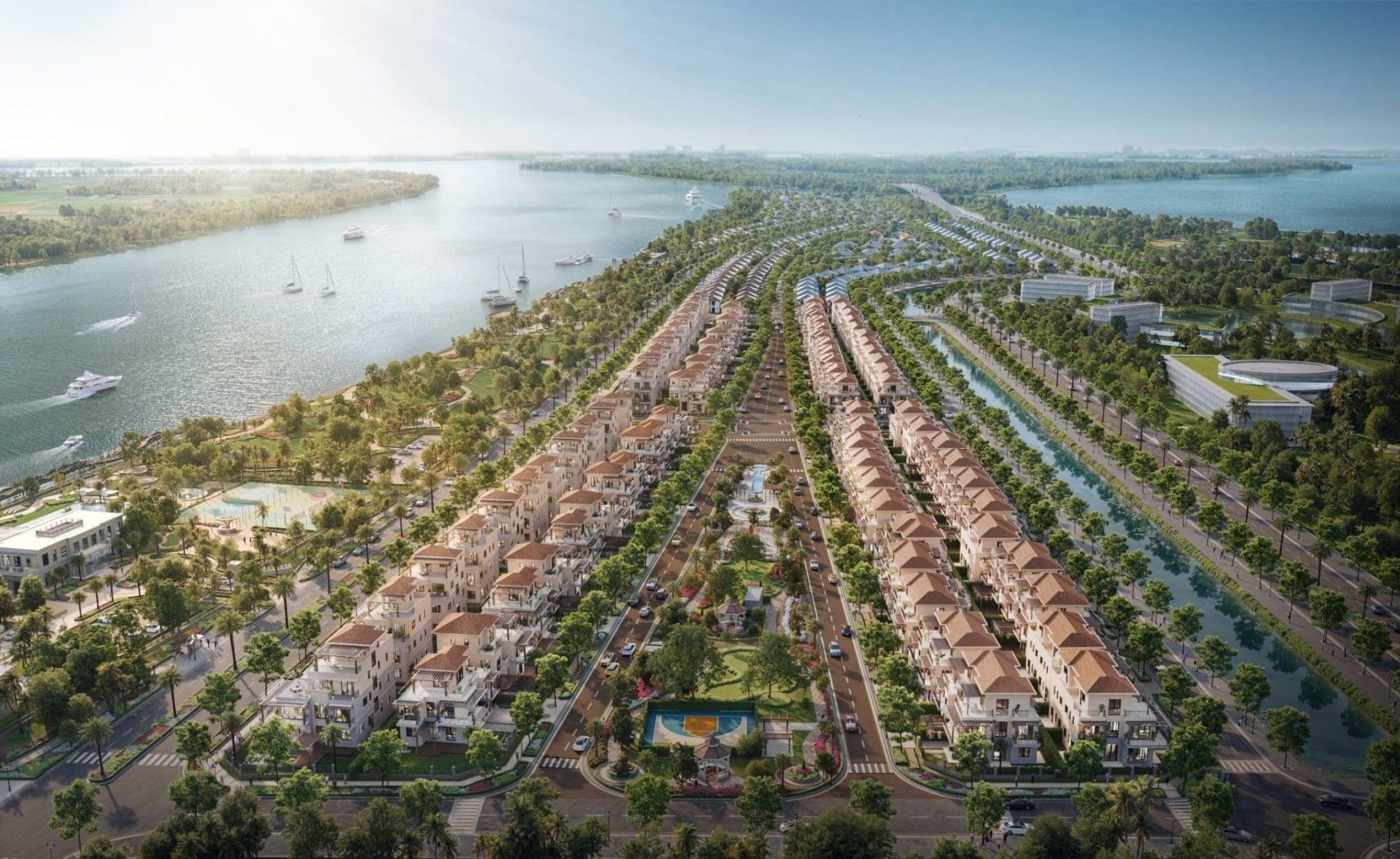 Рендеринг проекту острова Елізабе - Paragon Dai Phuoc з віллами на березі річки.
