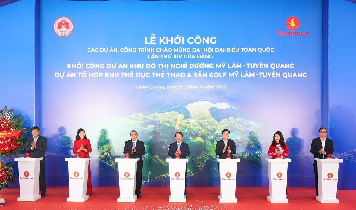 Các đại biểu ấn nút khởi công Dự án Khu đô thị nghỉ dưỡng Mỹ Lâm và Tổ hợp Khu thể dục thể thao – Sân golf Mỹ Lâm. Ảnh: Truyền thông Vingroup.